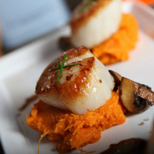 Seared Scallops with Balsamic Mushrooms and Sweet Potato Puree