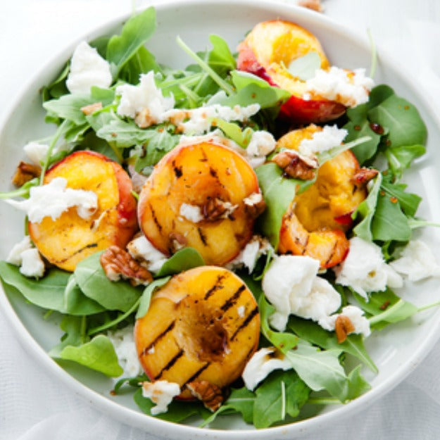Grilled Peach and Burrata Salad with Toasted Pine Nuts and Vinaigrette