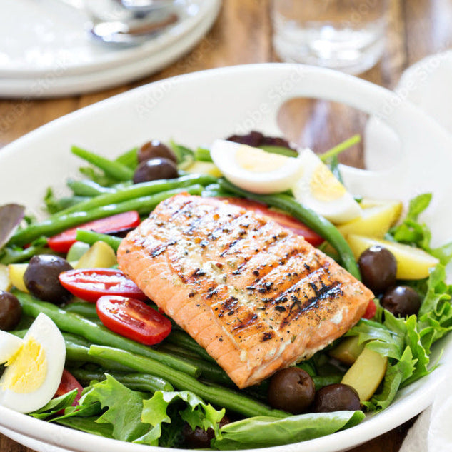 Grilled Salmon, Roasted Vegetable Nicoise Salad