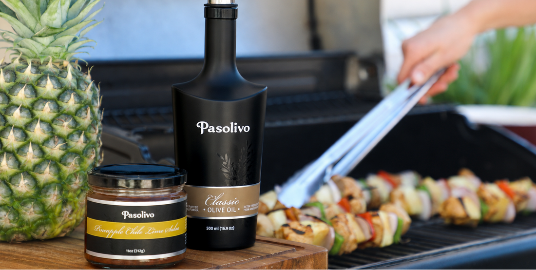 Grilling and frying with Pasolivo extra virgin olive oil at  a high smoke point of 420 degrees.