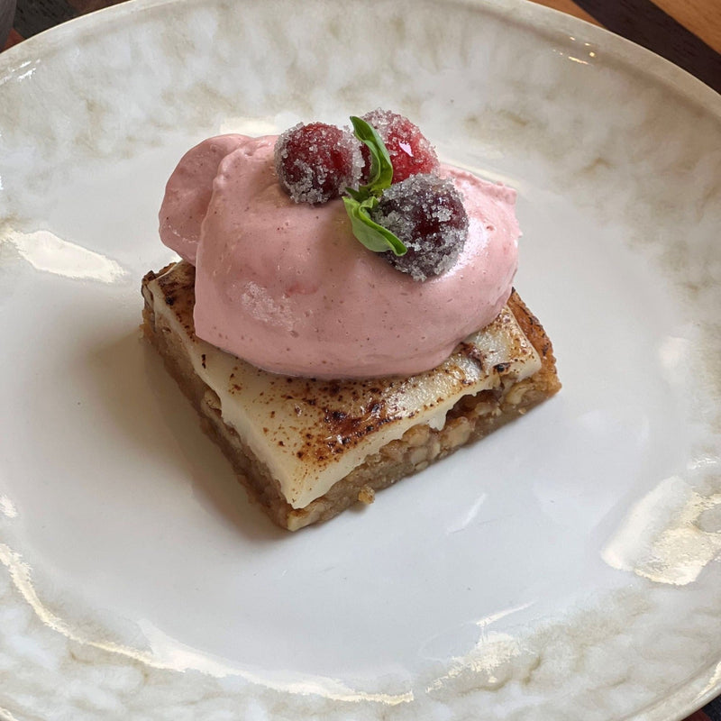 Blondies with White Chocolate Ganache and Cranberry Mousse