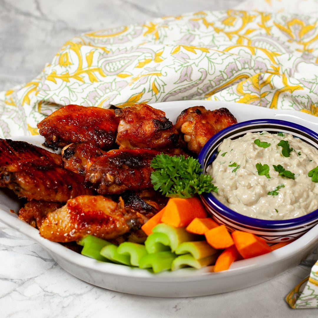 Ghost Pepper Chicken Wings with Blue Cheese Dip and Crudites