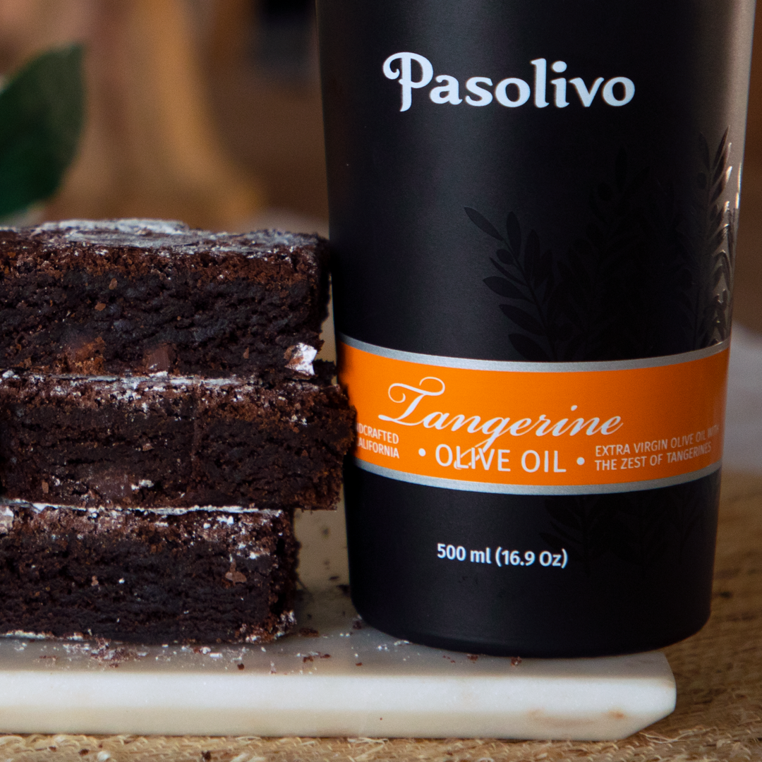 Pasolivo Tangerine Olive Oil Brownies Recipe next to Pasolivo Tangerine Olive Oil