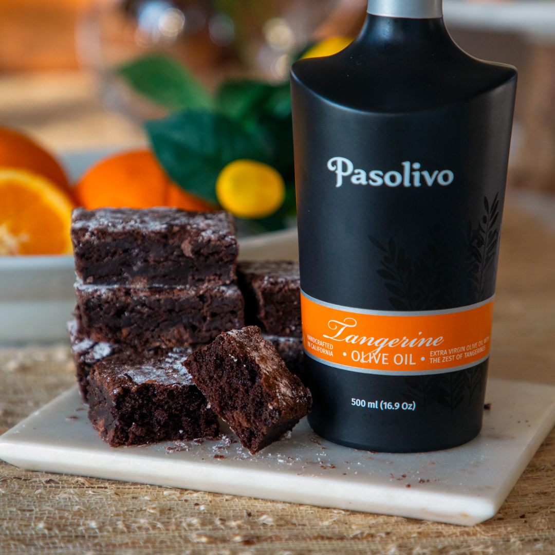 Pasolivo Tangerine Olive Oil Brownies Recipe next to Pasolivo Tangerine Olive Oil