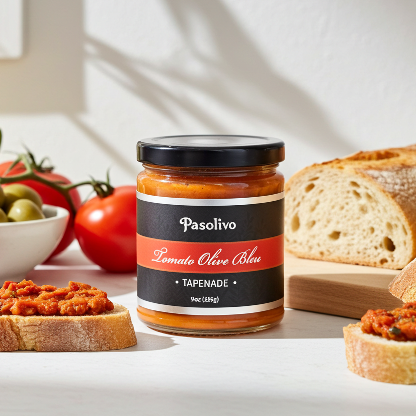 A jar of Pasolivo Tomato Olive Bleu Tapenade stands on a white surface with bread slices, tomatoes, and olives in a bright kitchen setting.
