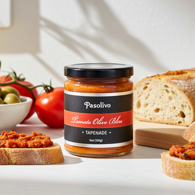 A jar of Pasolivo Tomato Olive Bleu Tapenade stands on a white surface with bread slices, tomatoes, and olives in a bright kitchen setting.