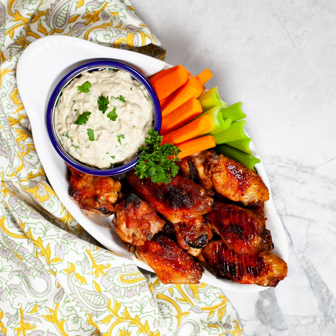 Pasolivo Ghost Pepper Chicken Wings with Blue Cheese Dip and Crudites Recipe