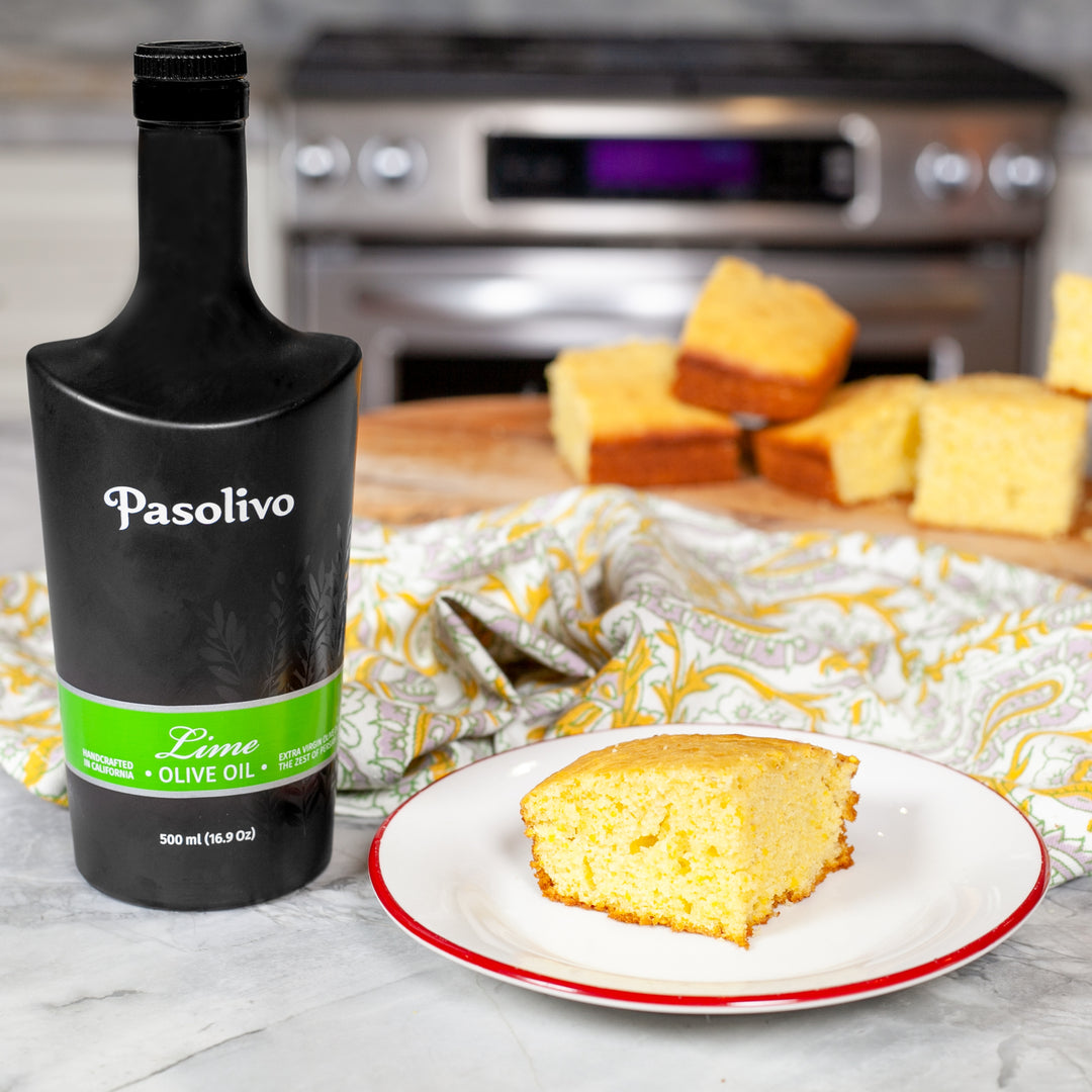 Pasolivo Lime Cornbread Recipe on counter next to Pasolivo Lime Olive Oil