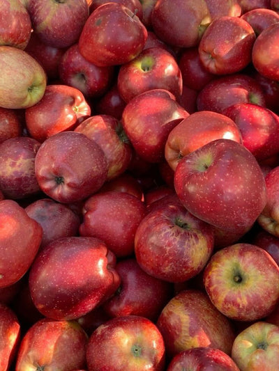 A close-up pile of red apples with some yellow and green variation, filling the entire frame.