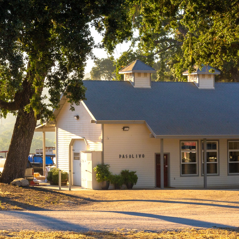 Building with 'Pasolivo' sign under trees on a sunny day