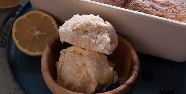 Pasolivo Limoncello Pound Cake Recipe garnished with a lemon slice