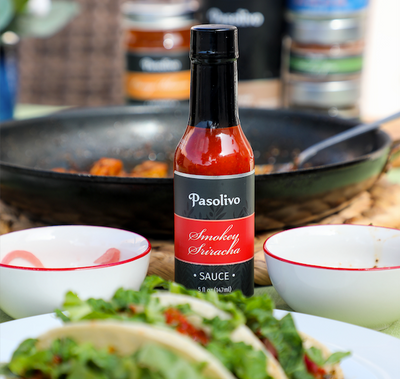 Pasolivo Smokey Sriracha Sauce with Shrimp Tacos
