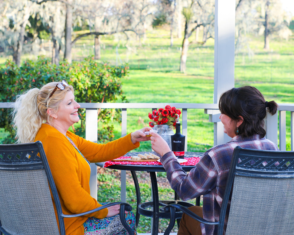 Two women sitting at a table on a patio, enjoying a meal together with a scenic background.