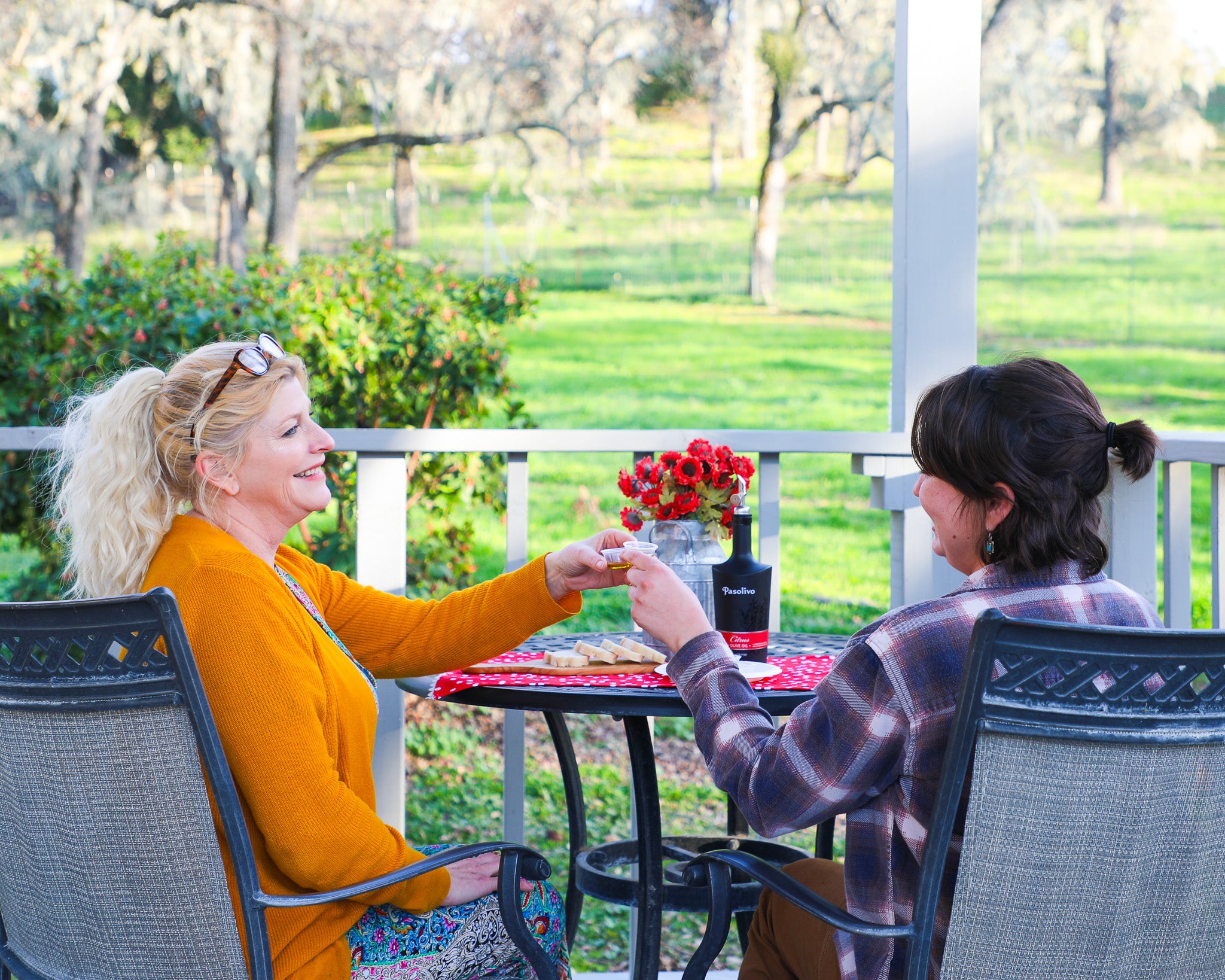 Two women sitting at a table on a patio, enjoying a meal together with a scenic background.